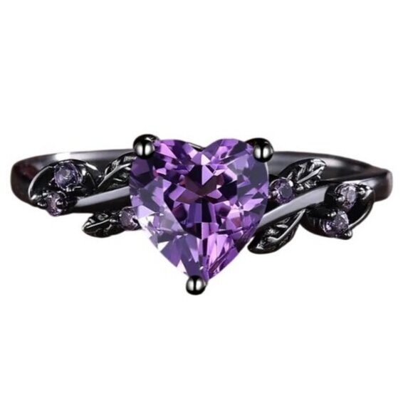 Heart Cut Amethyst & Moissanite 2 piece engagement wedding ring set in rhodium - Picture 5 of 8